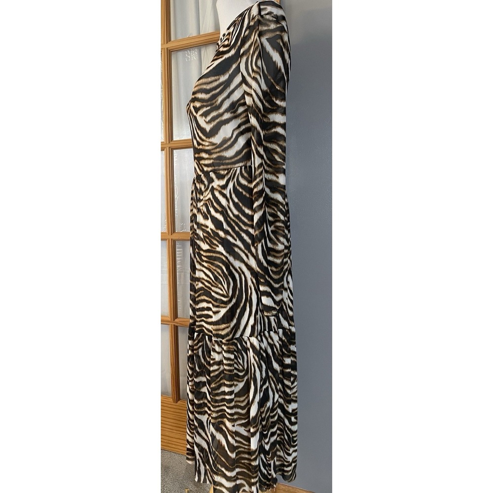Tiger Print Tiered Mesh Maxi Dress Sz M Swimwear Cover Up Brown Beige Safari - Picture 2 of 11
